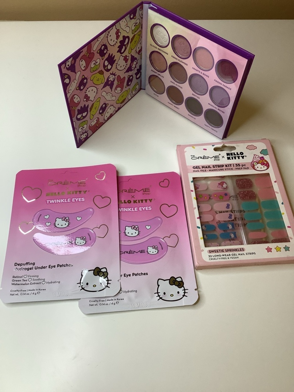 Hello Kitty Eye Shadow Palette, Gel Nail Strip Kit & 2 Sets of Eye Patches. New